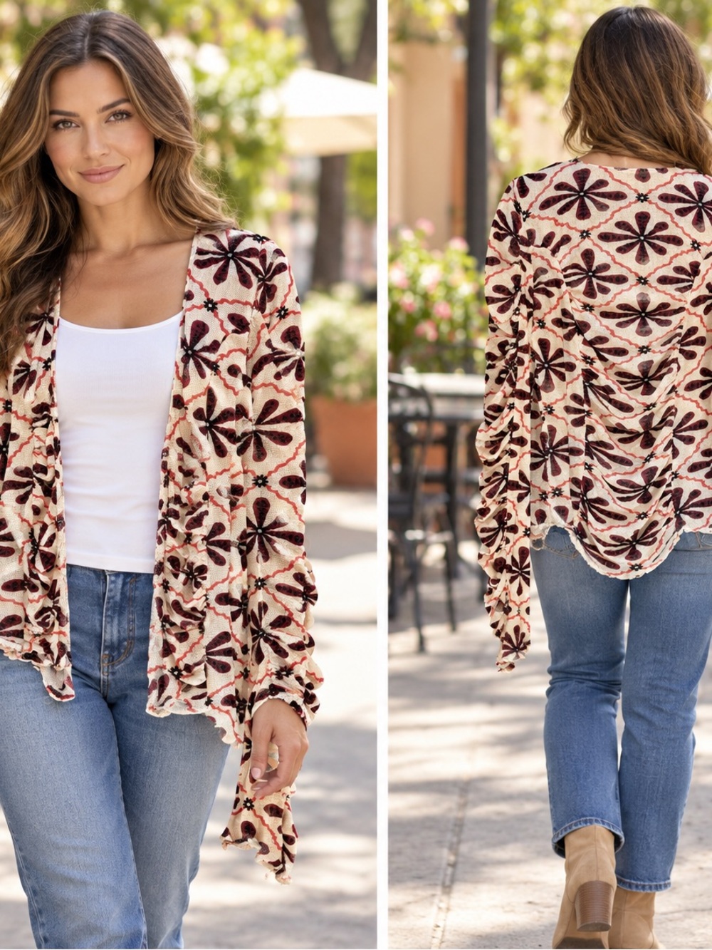 Free People Floral Open-Front Draped Cardigan – Medium